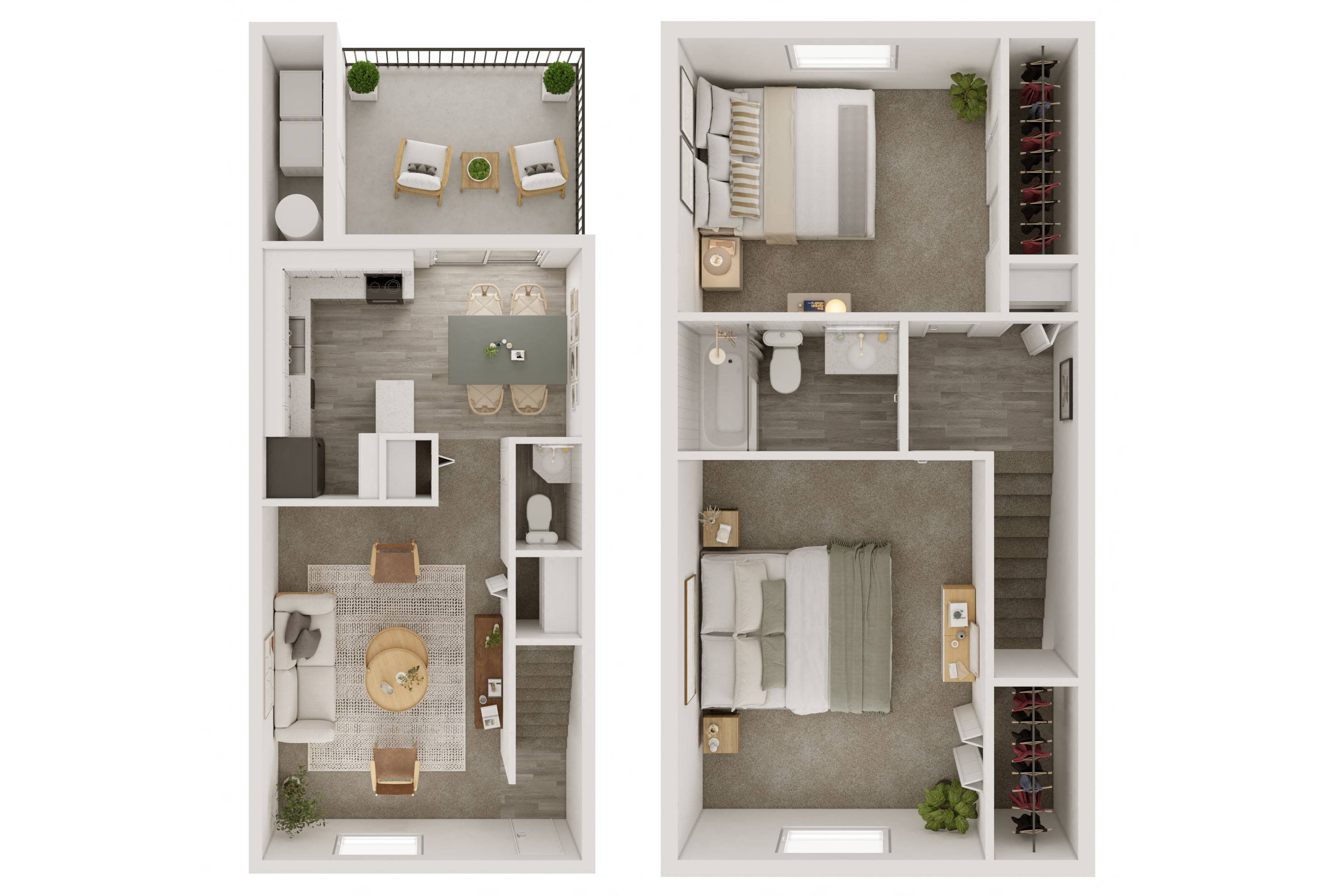 a stylized floor plan of two bedrooms with a bathroom and a living room