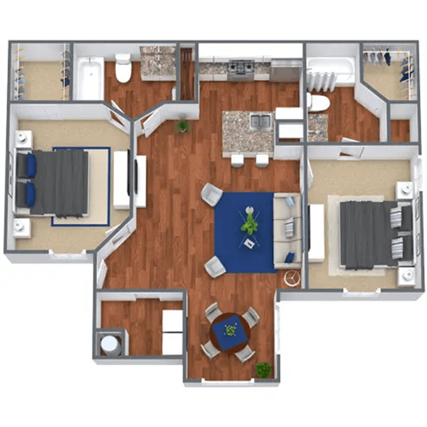 a furnished floor plan with a bedroom and a living room