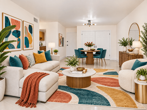 A living room with a white sofa, a coffee table, and a rug with a multicolored pattern.