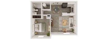 a stylized floor plan of a bedroom with a teddy bear