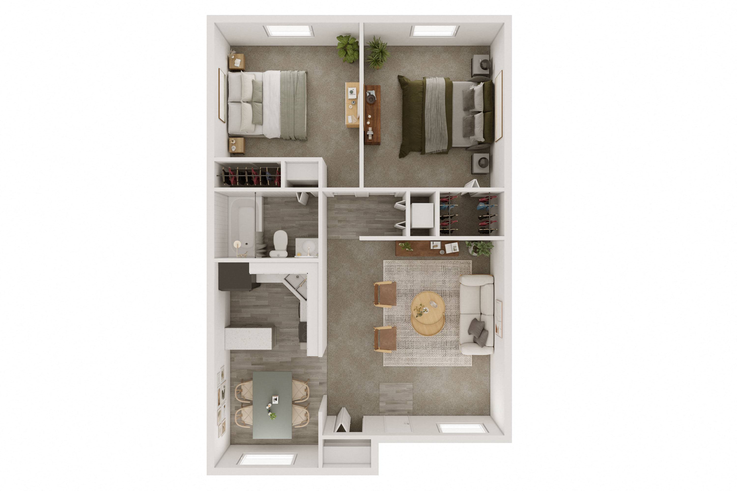 a stylized floor plan of a 1 bedroom apartment