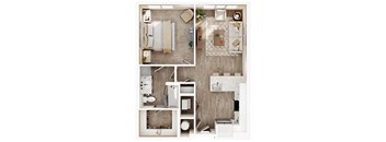 a 3d drawing of a bedroom with a bathroom and a living room