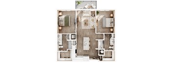 a 2 bedroom floor plan with a bathroom and a living room