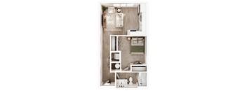 a stylized floor plan with a bedroom and a bathroom