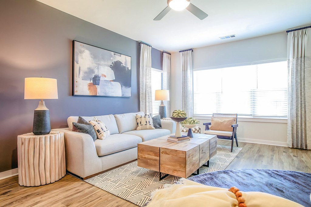 a living room with a couch and a coffee table