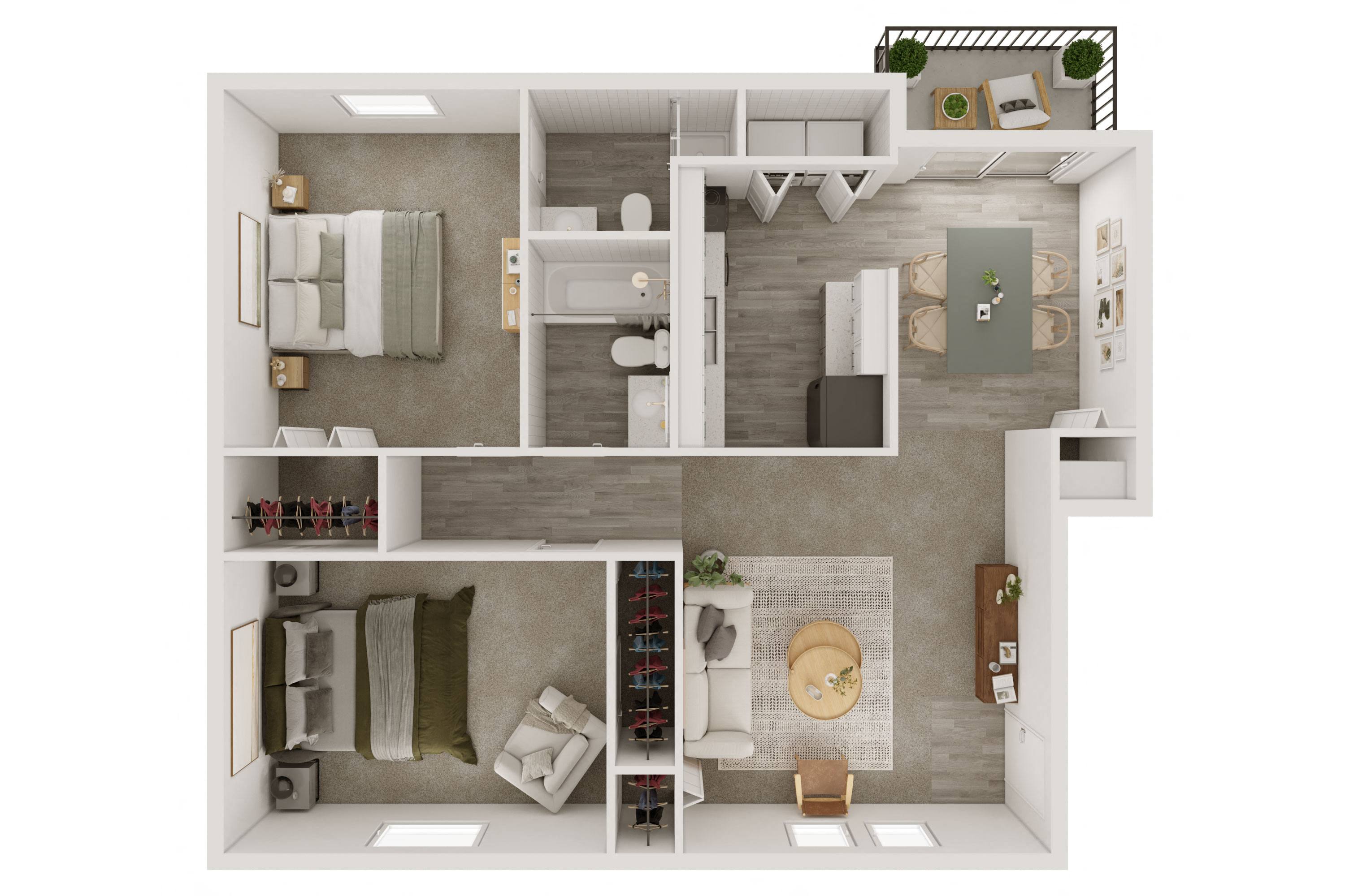a 3d rendering of a bedroom with a bathroom and a living room