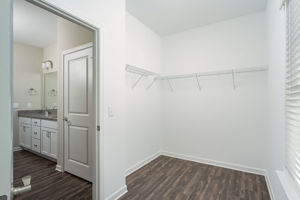 a bathroom with white walls and wood flooring and a mirrored closet