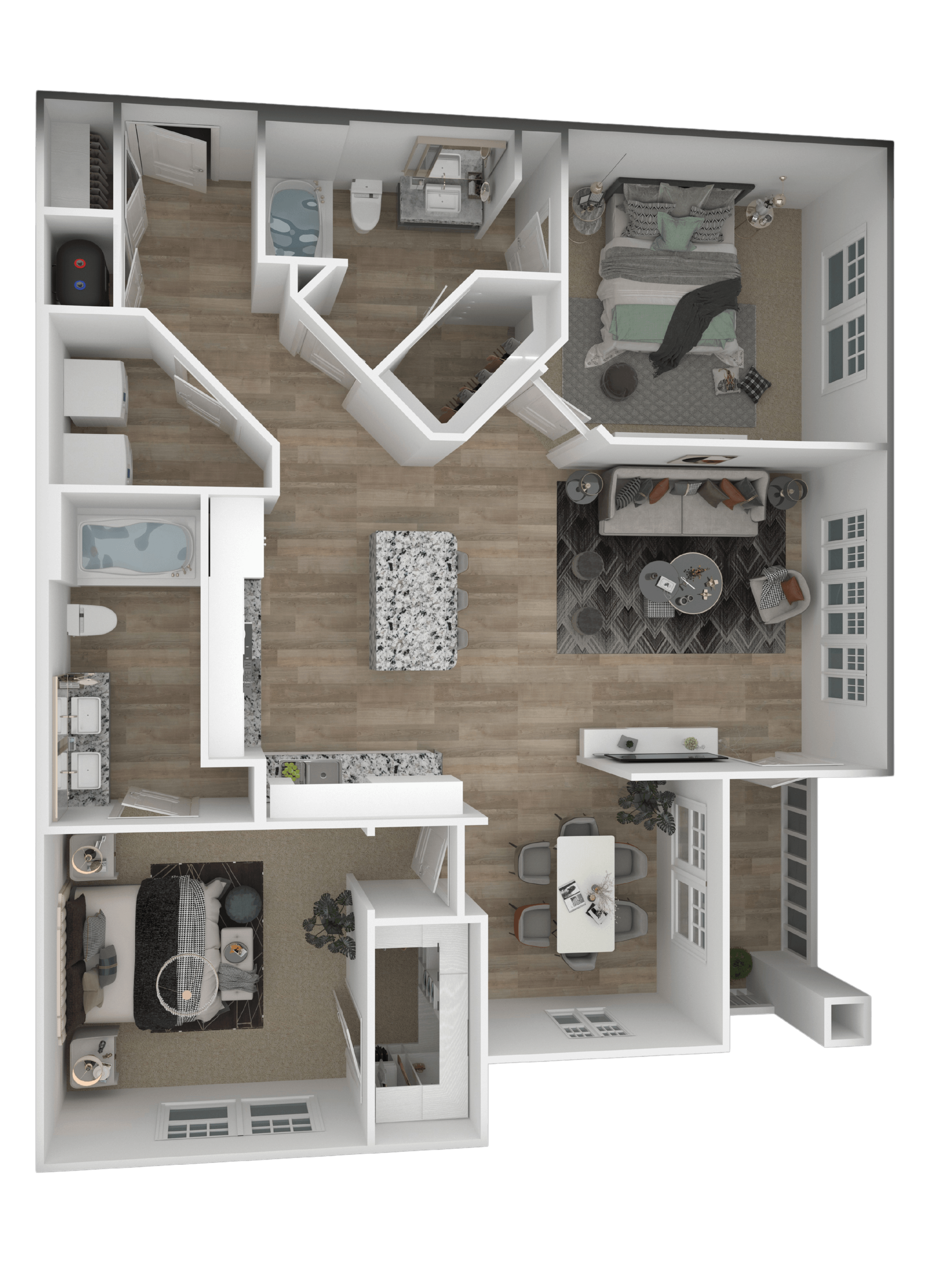 A 3D floor plan of a house with multiple rooms and furniture.