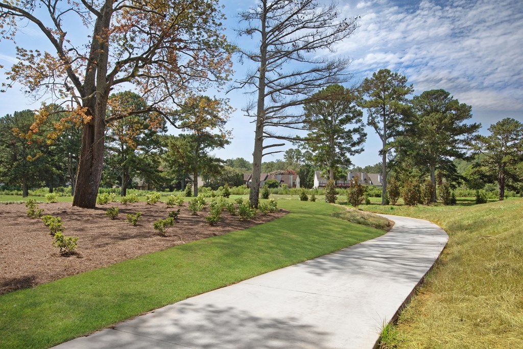 a path through a park with trees and houses in the background