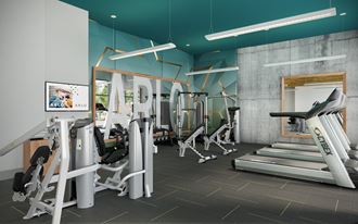 a rendering of a fitness gym with cardio machines and weights