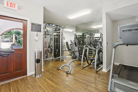 Atlanta, GA, Apartments with In-Unit Washer and Dryer - Virginia Highland Apartment Homes - Fitness Center With Cardio Equipment, Strength Machines, Mirrored Wall, And Wood Style Flooring.