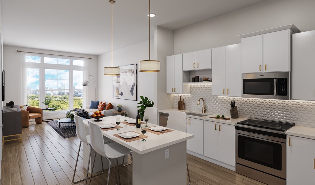 a rendering of a kitchen and living room with a table