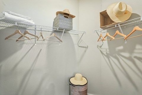 A wall-mounted clothing rack with hats and a spool of thread.
