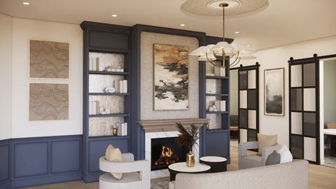 A living room with a fireplace and a chandelier.
