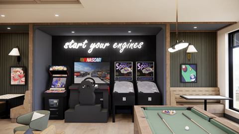 A room with a pool table and a sign that says