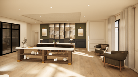 A modern living room with a wooden floor and furniture.