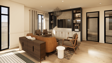 A modern living room with a brown sofa and a white side table.