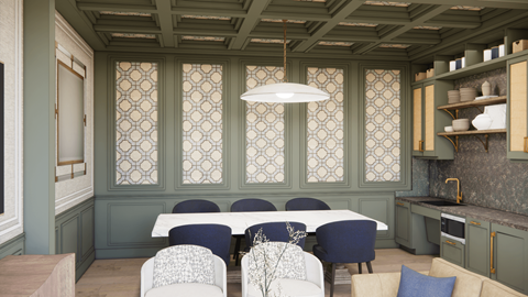 A dining room with a table set for six.