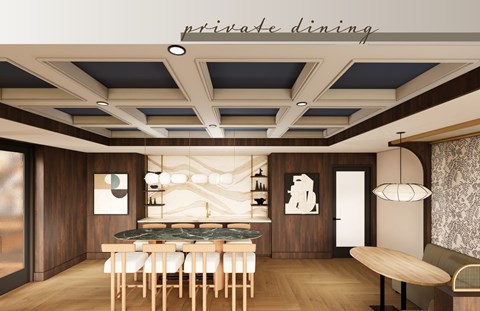 A modern dining room with a wooden table and chairs.