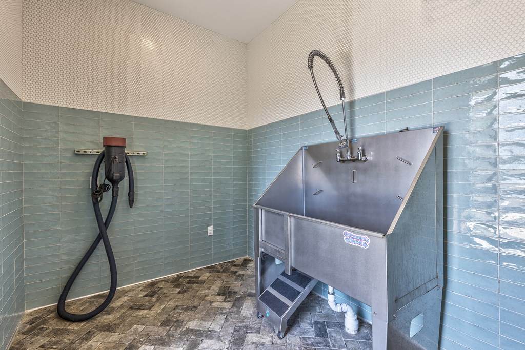 a wet room with a shower and a sink
