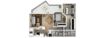 A 3D floor plan of a house showing the layout of the rooms.