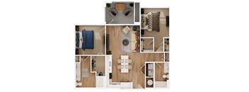 a stylized floor plan with a bedroom and living room