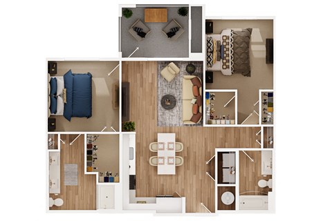a stylized floor plan with a bedroom and living room