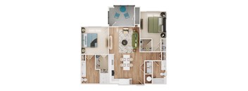 a stylized floor plan with a bedroom and a living room