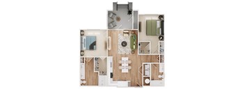 a stylized floor plan with a bedroom and living room