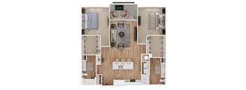 a stylized floor plan with a bedroom and a living room