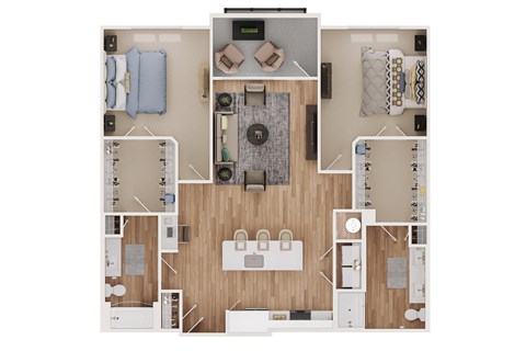 a stylized floor plan with a bedroom and a living room