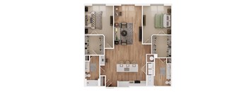 a stylized floor plan of a home with a bedroom and a living room