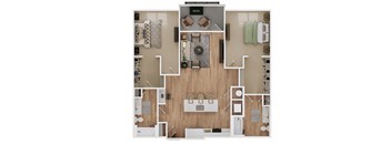 a 3d floor plan of a room with furniture and a balcony
