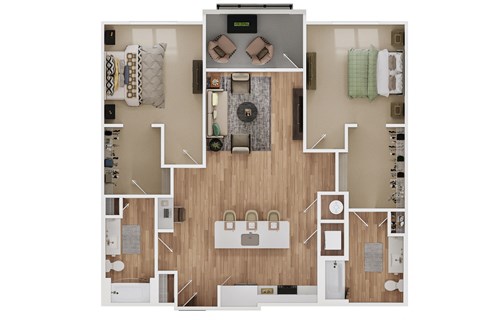 a 3d floor plan of a room with furniture and a balcony