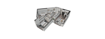 A 3D rendered image of a modern apartment layout.
