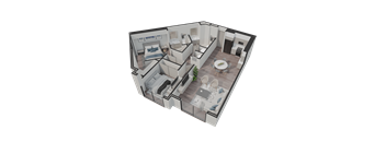 A 3D rendered image of a modern apartment layout.
