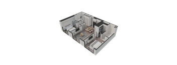 A 3D rendered image of a modern apartment layout.
