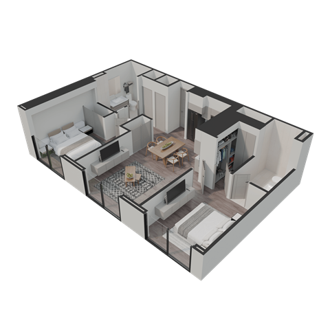 A 3D rendered image of a modern apartment layout.