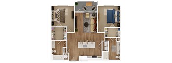 a 3d drawing of a living room with a wood floor