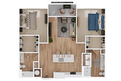 a stylized floor plan with a bedroom and a living room