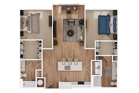 a stylized floor plan with a bedroom and a living room