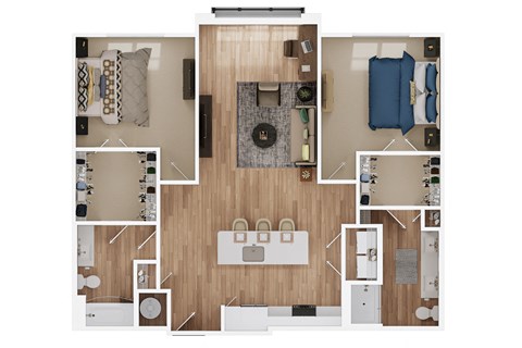 a stylized floor plan of a bedroom with a bathroom and a living room