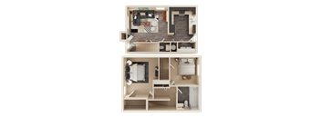 A 3D floor plan of a two-story residential building.