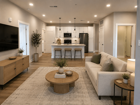 A modern living room with a kitchen in the background.