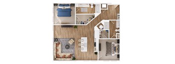 a stylized floor plan of a living room with a dining room and a kitchen