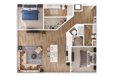 a stylized floor plan of a living room with a dining room and a kitchen
