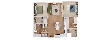 a 3d drawing of a floor plan with a bedroom and a living room