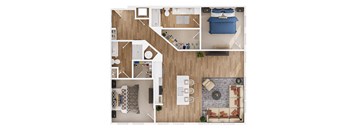 a stylized floor plan of a bedroom with a living room and a dining room