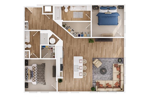 a stylized floor plan of a bedroom with a living room and a dining room