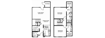 A floor plan of a home with two bedrooms, a living room, a dining room, a kitchen, a laundry room, and storage.